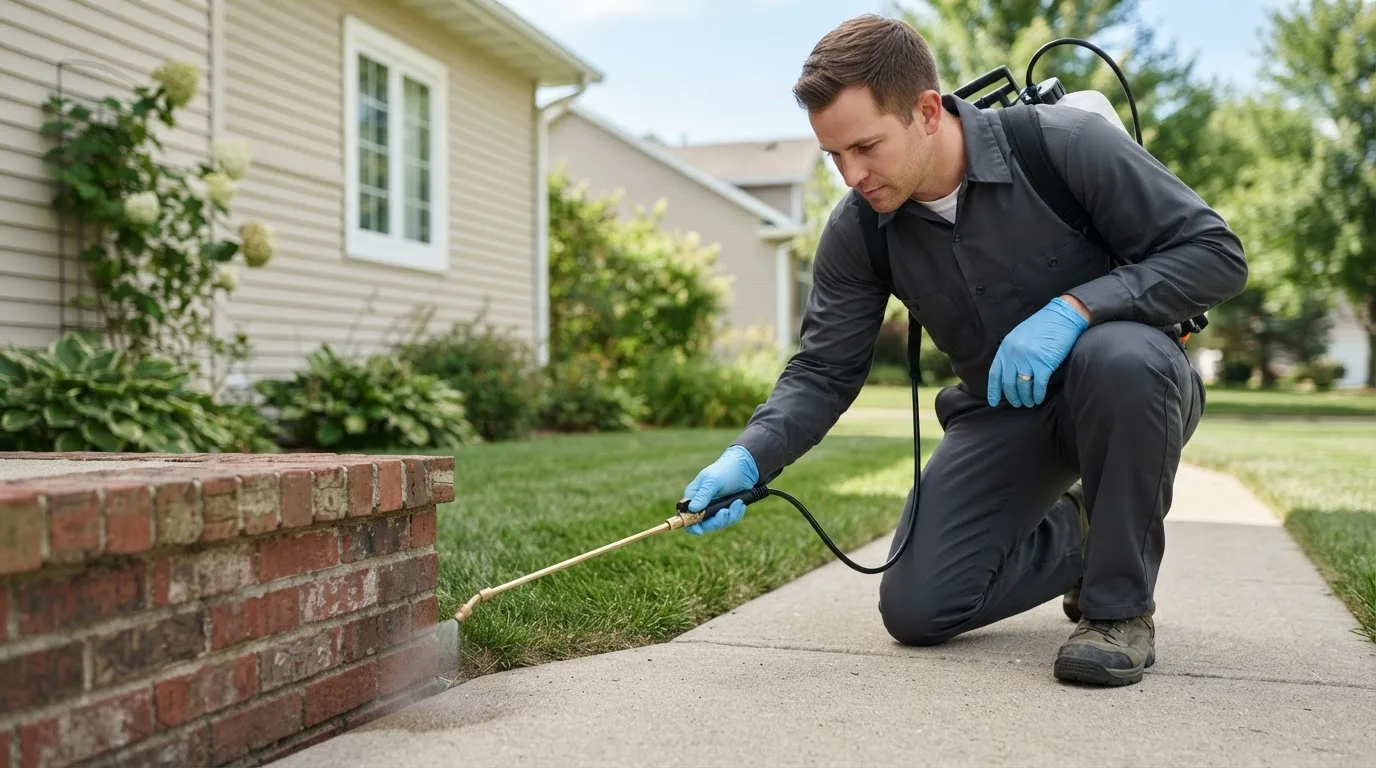 Pest control technician treating a home near Bandy, VA